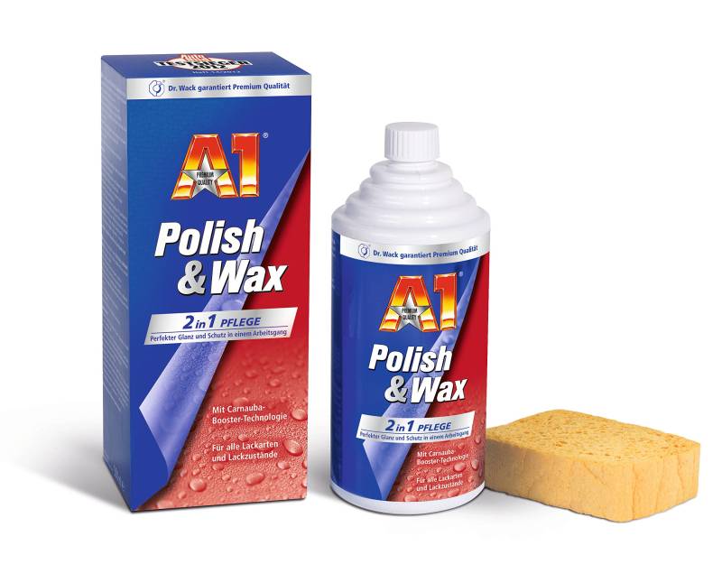 Dr. Wack – A1 Polish & Wax 500 ml inkl. Spezialschwamm I Auto-Politur & Auto-Wachs mit Carnauba I Langanhaltender Schutz & Glanz I Für alle Lacke geeignet I Hochwertige Autopflege – Made in Germany von DR. WACK