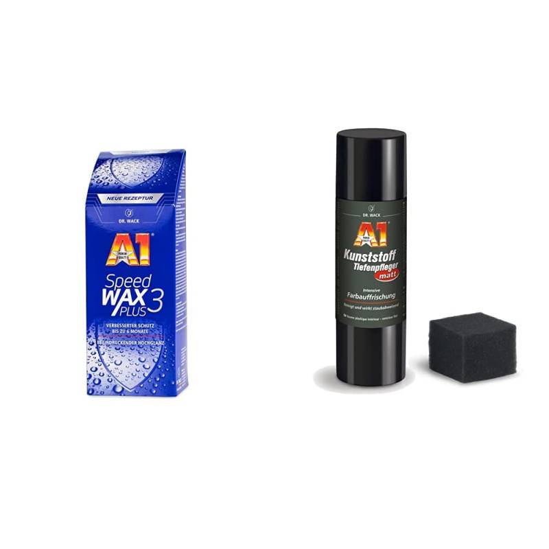 Dr. Wack – A1 Speed Wax Plus 3, 500 ml – NEUE FORMEL I Premium Auto-Wachs mit Carnauba I Langanhaltender Schutz & Glanz I Für alle Lacke geeignet & A1 Kunststoff-Tiefenpfleger matt, 250 ml (#2770) von DR. WACK