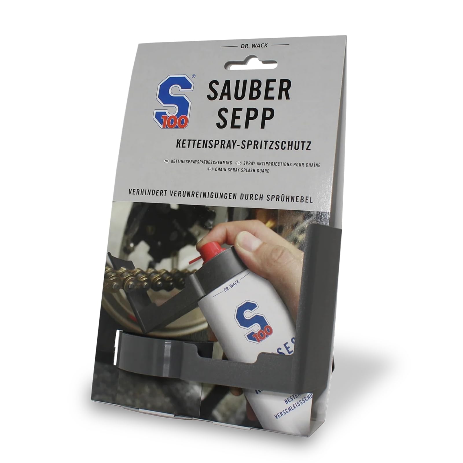 Dr. Wack – S100 Sauber Sepp - Kettenspray-Spritzschutz - Verhindert Verunreinigungen durch Sprühnebel - Zubehör zum Ölen von Ketten - Hochwertige Motorradpflege – Made in Germany von DR. WACK