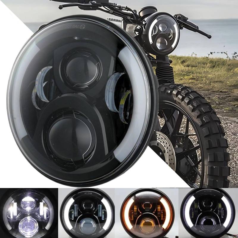 DREAMIZER 7 Zoll LED Motorrad Scheinwerfer E-geprüft mit weißem Tagfahrlicht Angel Eye Bernstein Blinker Kompatibel mit Harley Road King Street Glide Softail Electra Glide J-eep Wrangler JK TJ von DREAMIZER
