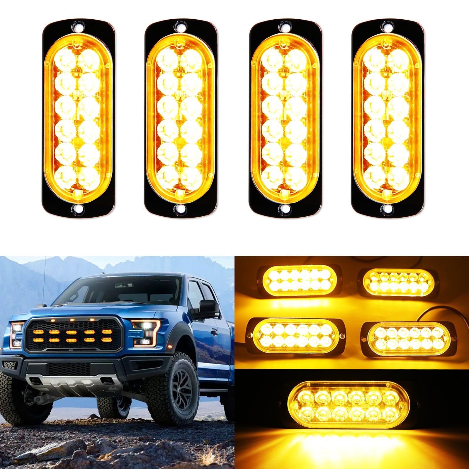 DREAMIZER Auto Warnleuchte, 4PCS 12 LEDs Notfall-Stroboskop Blinklichter, 12V/24V Warnlicht Strobe Beacon Light Mit 18 Blinkmodi Für LKW Traktor Baggerlader Gabelstapler ATV UTV Pickup LKW Fahrzeuge von DREAMIZER