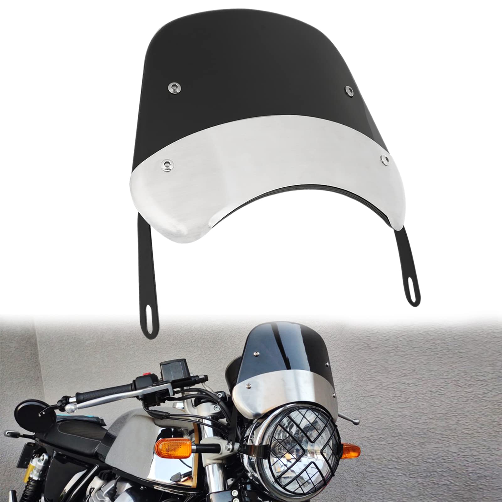 DREAMIZER Universal Motorrad Windschutzscheibe, Retro Motorrad Windshield Windabweiser kompatibel mit 5"-7" Rundscheinwerfern, Moto Windschutzscheiben für Bobber Cafe Racer Chopper Cruiser (Schwarz) von DREAMIZER