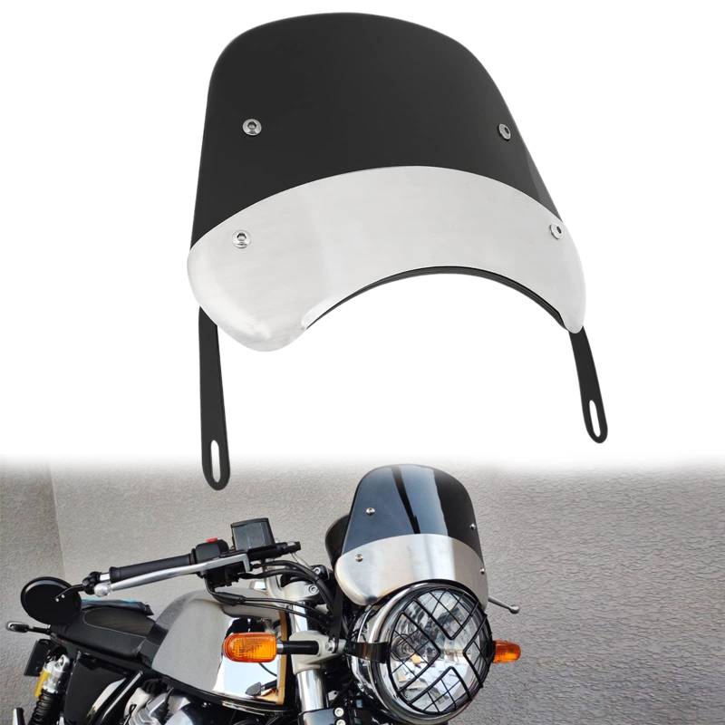 DREAMIZER Universal Motorrad Windschutzscheibe, Retro Motorrad Windshield Windabweiser kompatibel mit 5"-7" Rundscheinwerfern, Moto Windschutzscheiben für Bobber Cafe Racer Chopper Cruiser (Schwarz) von DREAMIZER