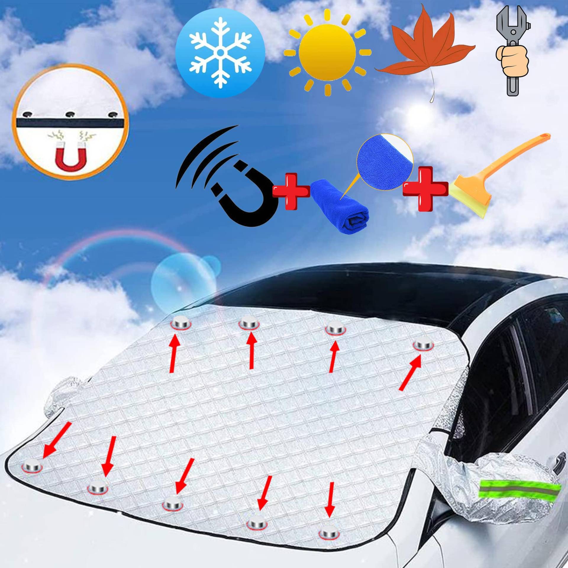 Sonnenschutz Auto Frontscheibe Abdeckung Auto Windschutzscheiben Faltbar mit 9 Magnet Fixierung, Ultra-Dick Frostschutz, für Sommer Winter gegen Sonne Staub Frost EIS Schnee(190CM x 148CM x 116CM) von DREAMWIN