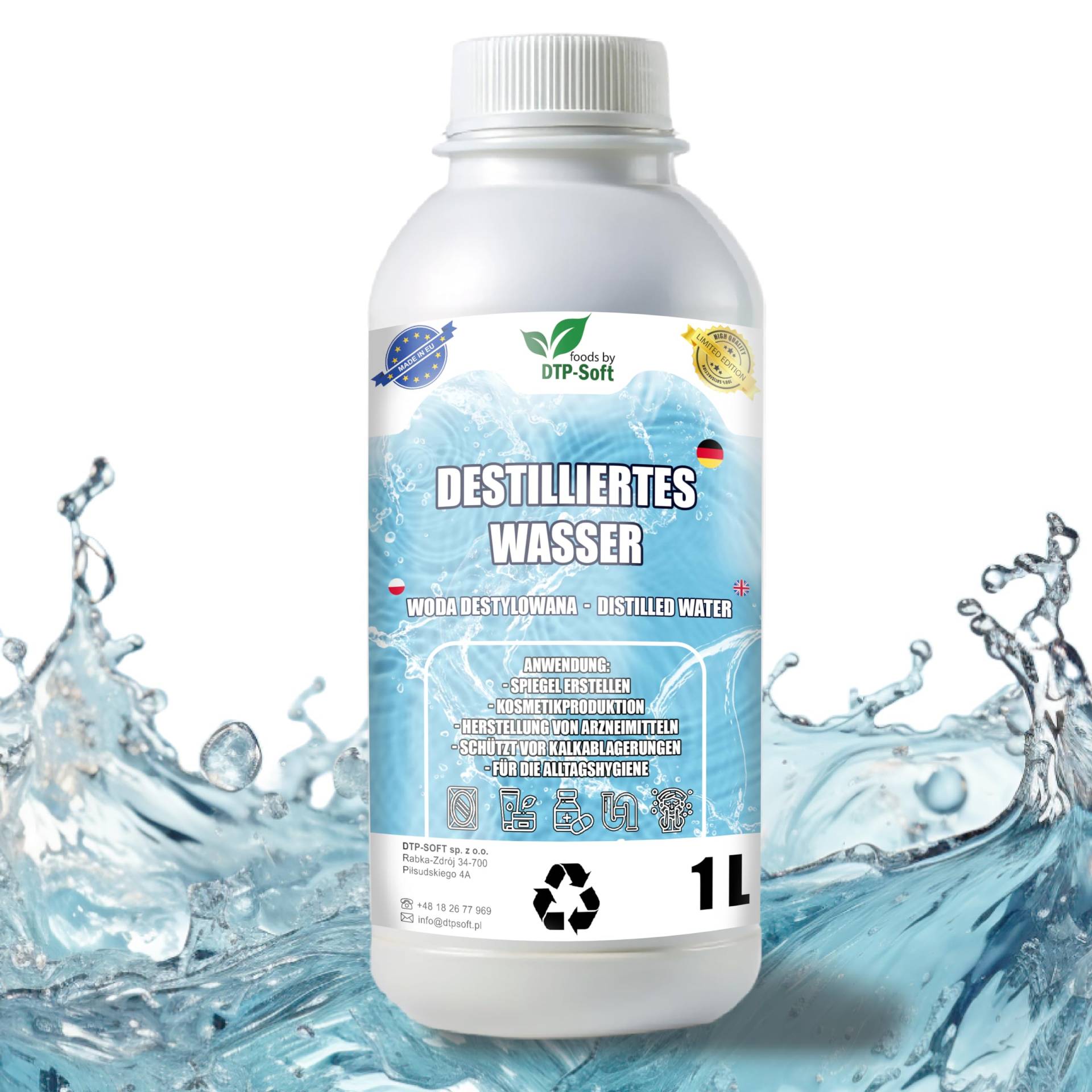 1L destilliertes Wasser 100% reines | Demineralisiertes Wasser 1000 ML - destilliertes Wasser geeignet für Bügeleisen, Luftbefeuchter, Batterien und vieles mehr 1L destilliertes Wasser 100% reines | Demineralisiertes Wasser 1000 ML - destilliertes Wasser geeignet für Bügeleisen, Luftbefeuchter, Batterien und vieles mehr von DTP-SOFT