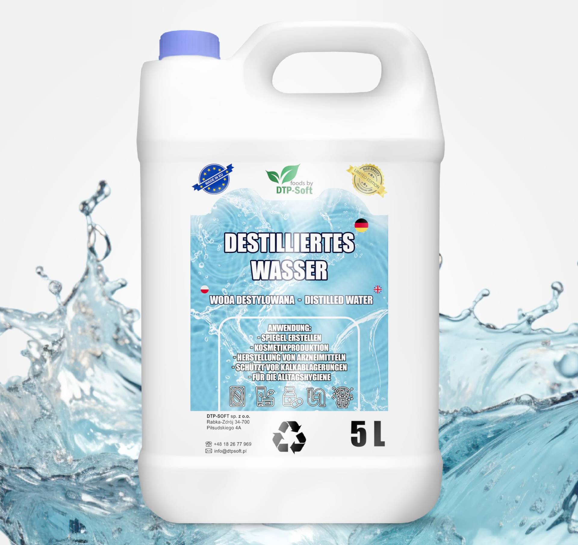 5L destilliertes Wasser 100% reines | Demineralisiertes Wasser 5 Liter - destilliertes Wasser geeignet für Bügeleisen, Luftbefeuchter, Batterien und vieles mehr 5L destilliertes Wasser 100% reines | Demineralisiertes Wasser 5 Liter - destilliertes Wasser geeignet für Bügeleisen, Luftbefeuchter, Batterien und vieles mehr von DTP-SOFT