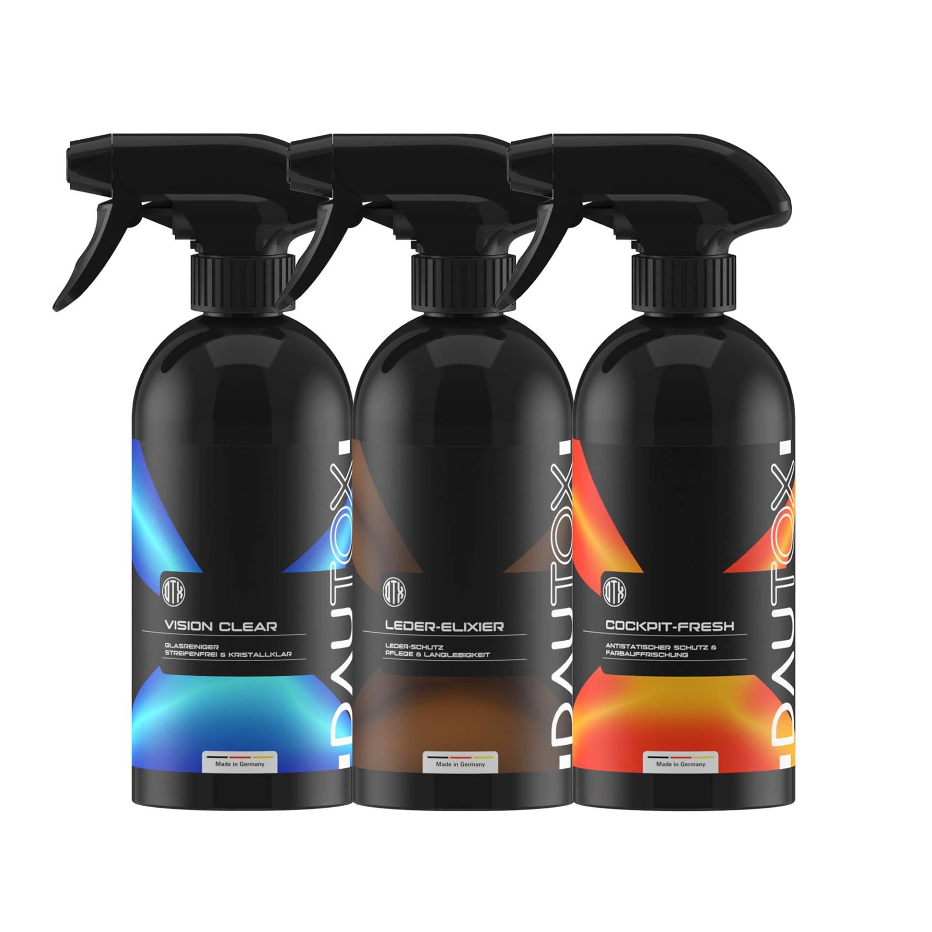 DAUTOX® Auto Innenpflege Set – Lederpflege für Sitze, Kunststoff & Scheiben – mit Lederpflege, Cockpitreiniger & Glasreiniger | 3-teiliges Reinigungs- & Pflegeset für innen von DTX DAUTOX