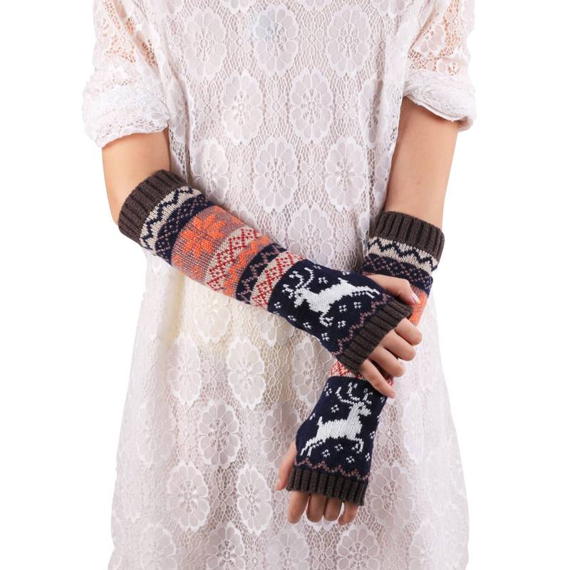DUHGBNE Damen Wolle Halbfinger Lange Handschuhe Armabdeckung Stricken Cartoon Weihnachtshandschuhe Handschuhe Ohne Finger Damen Mit Fell (B, A) von DUHGBNE