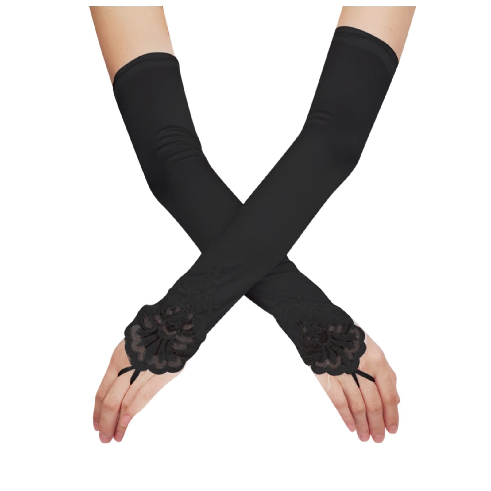 DUHGBNE Ellenbogen lange Länge Fingerlose Zwanziger Jahre für Frauen Opernhandschuhe durchbohrte Abendhandschuh Abendhandschuh dehnbare Handschuhe Lange Handschuhe Fingerlos Damen (Black, One Size) von DUHGBNE