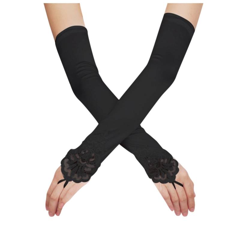 DUHGBNE Ellenbogen lange Länge Fingerlose Zwanziger Jahre für Frauen Opernhandschuhe durchbohrte Abendhandschuh Abendhandschuh dehnbare Handschuhe Lange Handschuhe Fingerlos Damen (Black, One Size) von DUHGBNE