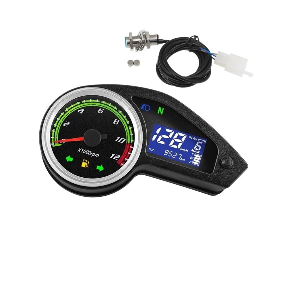 DUSHUO Kilometerzähler Motorrad 0~12000 RPM Tachometer LCD Digital Instrument Kilometerzähler Motorrad Dashboard Tachometer Universal Motor Für 12V(with Sensor) von DUSHUO