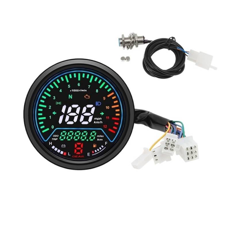 DUSHUO Kilometerzähler Motorrad 12V Motorrad Tachometer Kilometerzähler Messgerät Universal Multifunktions-Digitalanzeige Tachometer Ölstandsmesser Spannung KMH(with Sensor) von DUSHUO