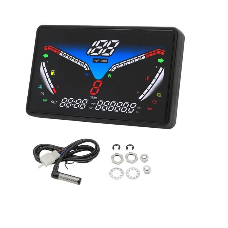 DUSHUO Kilometerzähler Motorrad Motorrad 12V Universal Digital Tacho LCD RPM Tacho Öl Gauge 199km/h Mit Sensor Halterung(Two-Piece Set) von DUSHUO