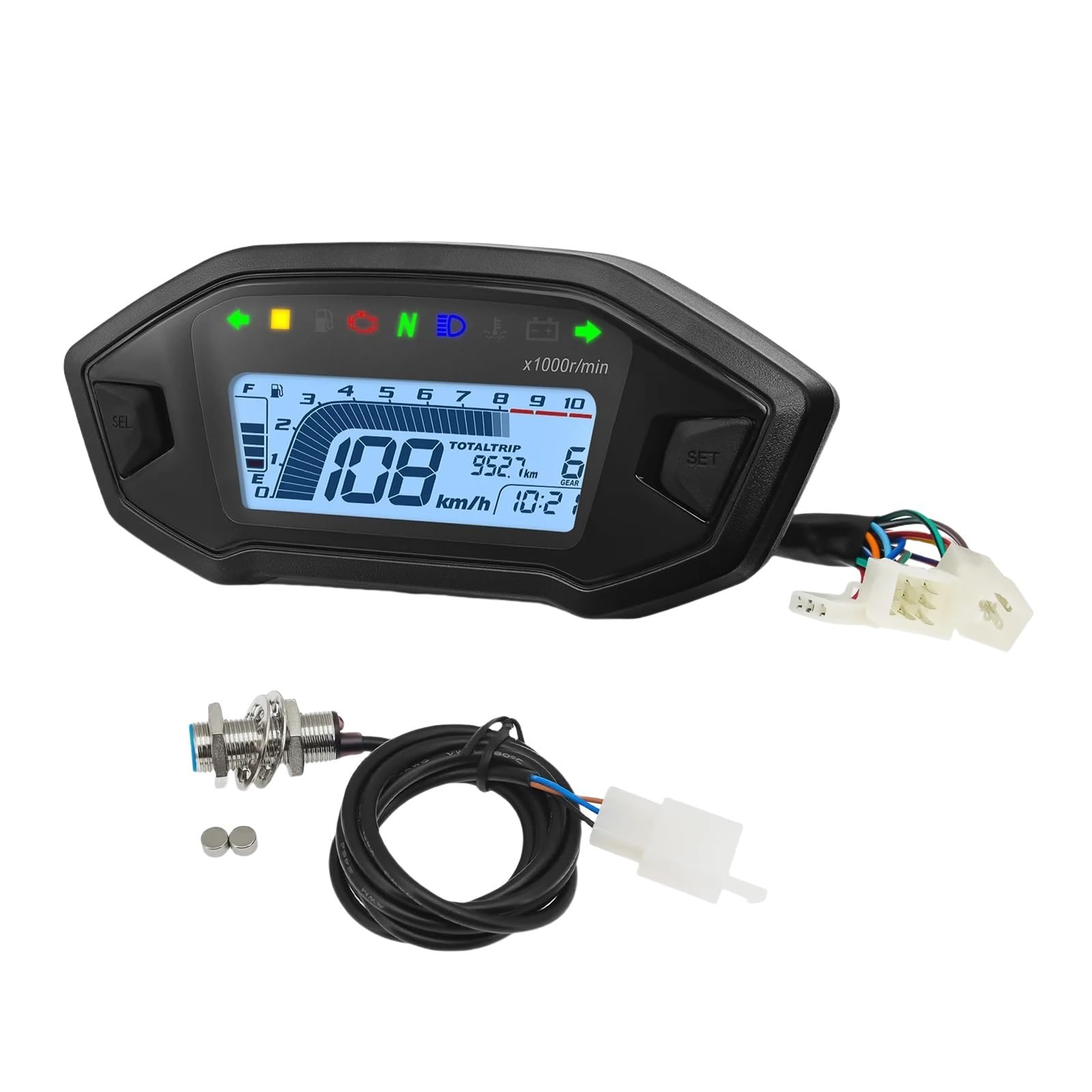 DUSHUO Kilometerzähler Motorrad Motorrad Digital Tachometer Tachometer Instrument Dashboard Panel Motorrad LCD Display 10000RPM Für 2-4 Zylinder(with Sensor A) von DUSHUO