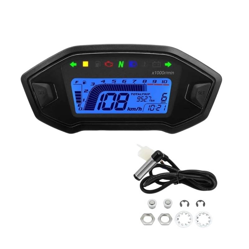 DUSHUO Kilometerzähler Motorrad Motorrad Digital Tachometer Tachometer Instrument Dashboard Panel Motorrad LCD Display 10000RPM Für 2-4 Zylinder(with Sensor B) von DUSHUO