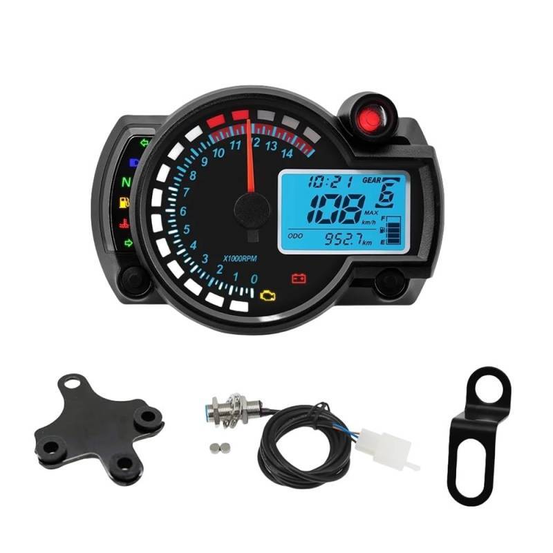 DUSHUO Kilometerzähler Motorrad Universal LCD Digital Kilometerzähler Instrument 299 KM/H 7 Farben Speed ​​Gauge Meter Motorrad Dashboard(with 2bracket) von DUSHUO