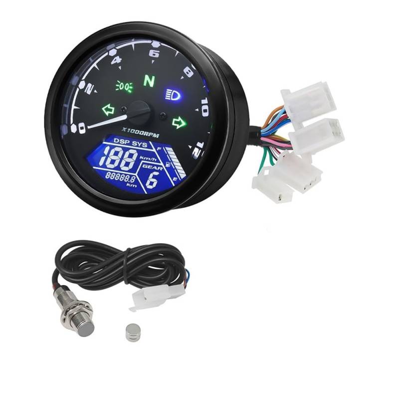 DUSHUO Kilometerzähler Motorrad Universal Motorrad 12000RMP LCD LCD-Computer-geschwindigkeitsmesser-grüne Tachometer-lehre Motorrad Digital Dash Für 1-4 Zylinder(with Sensor A) von DUSHUO