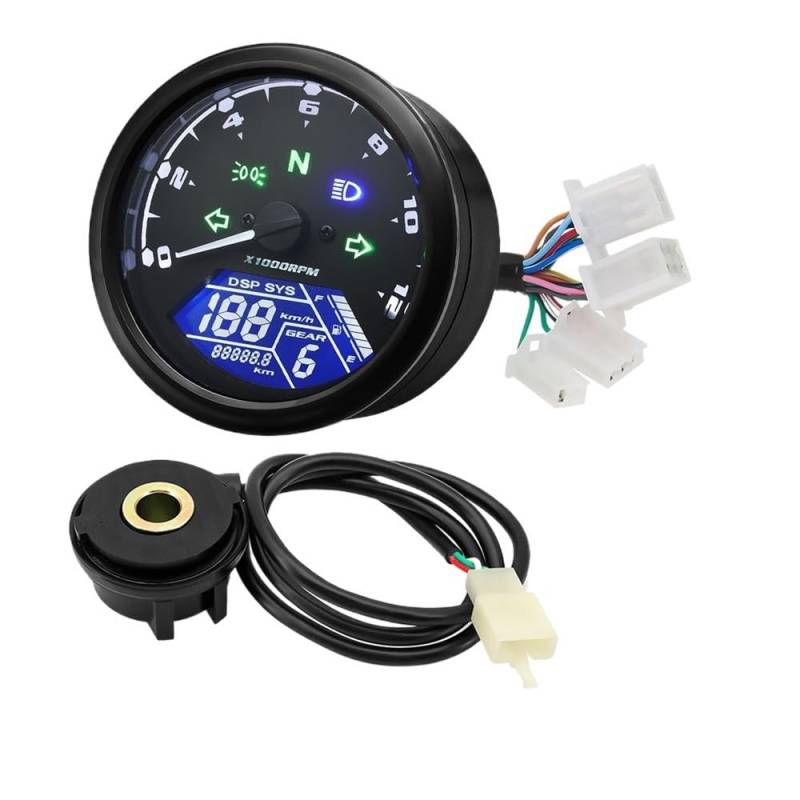 DUSHUO Kilometerzähler Motorrad Universal Motorrad 12000RMP LCD LCD-Computer-geschwindigkeitsmesser-grüne Tachometer-lehre Motorrad Digital Dash Für 1-4 Zylinder(with Sensor B) von DUSHUO