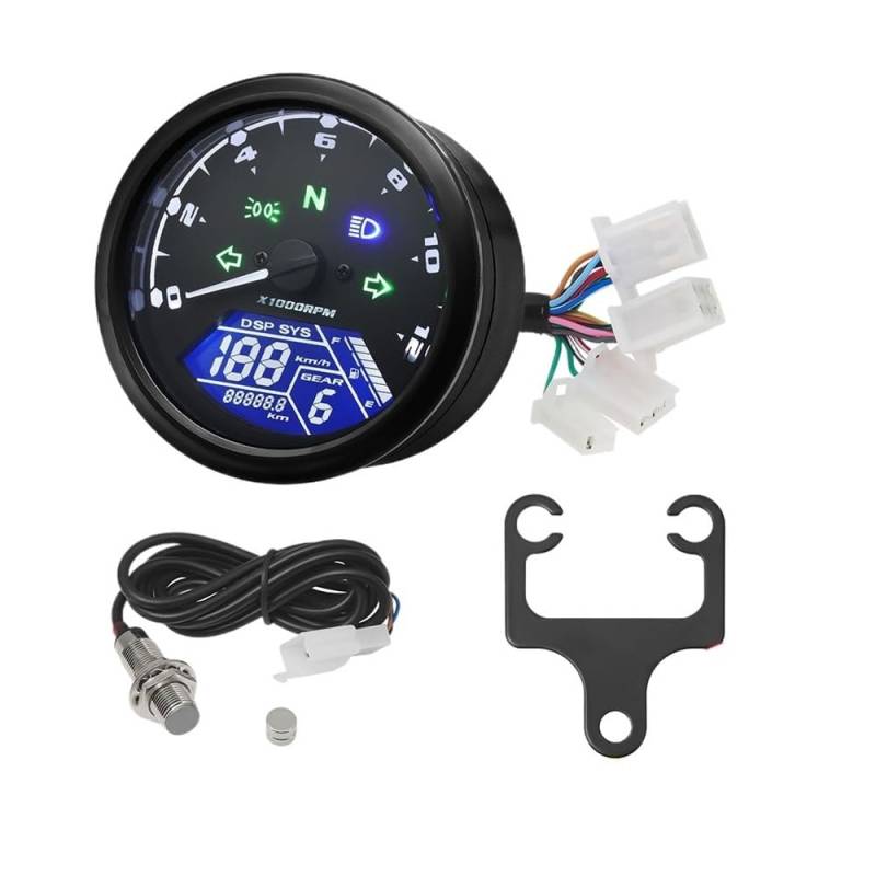DUSHUO Kilometerzähler Motorrad Universal Motorrad 12000RMP LCD LCD-Computer-geschwindigkeitsmesser-grüne Tachometer-lehre Motorrad Digital Dash Für 1-4 Zylinder(with Sensor Bracket) von DUSHUO