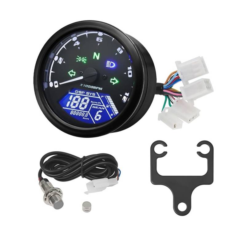 DUSHUO Kilometerzähler Motorrad Universal Motorrad Instrument Digital LCD Tachometer Sensor Tachometer 0~12000RPM Motorrad 12V Für 1-4 Zylinder(Meter Sensor Holder) von DUSHUO
