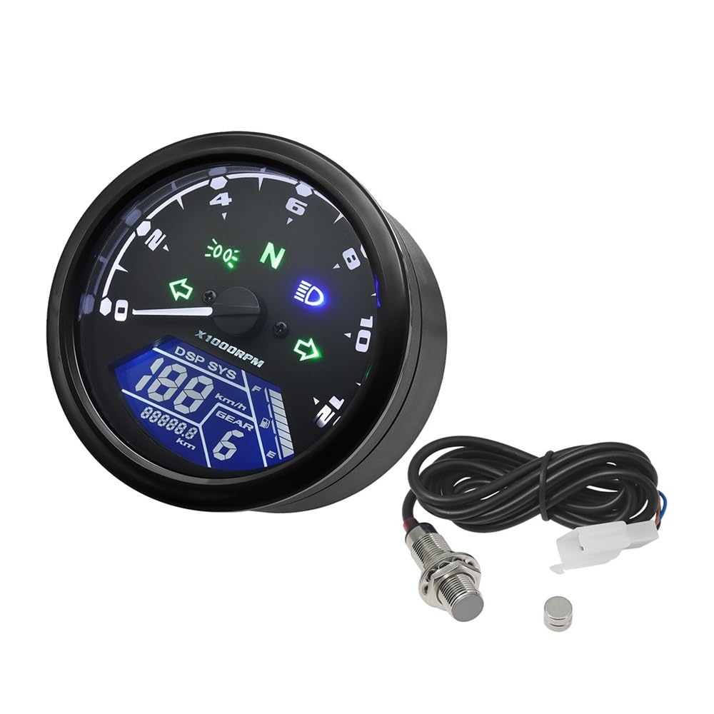 DUSHUO Kilometerzähler Motorrad Universal Motorrad Instrument Digital LCD Tachometer Sensor Tachometer 0~12000RPM Motorrad 12V Für 1-4 Zylinder(Meter and Sensor) von DUSHUO