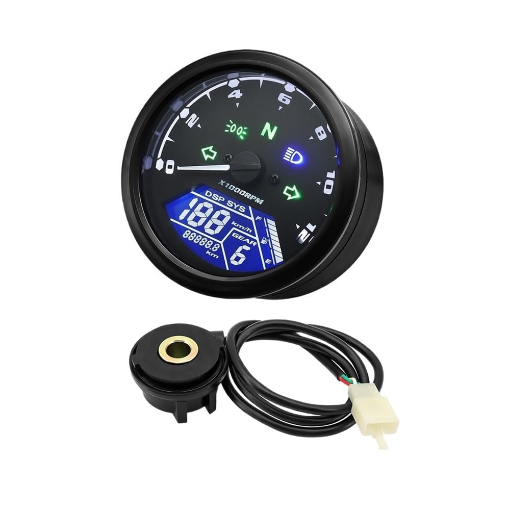 DUSHUO Kilometerzähler Motorrad Universal Motorrad Instrument Digital LCD Tachometer Sensor Tachometer 0~12000RPM Motorrad 12V Für 1-4 Zylinder(Meter and Sensor-2) von DUSHUO
