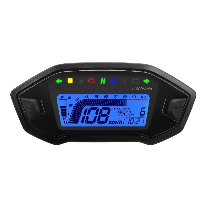 DUSHUO Kilometerzähler Motorrad Universal Motorrad LCD Digital 10000rpm Tacho Hintergrundbeleuchtung Kraftfahrzeug Für 1/2/4 Zylinder Kilometerzähler 7 Farben Einstellen(No Sensor) von DUSHUO
