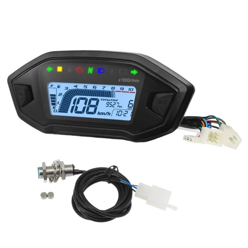 DUSHUO Kilometerzähler Motorrad Universal Motorrad LCD Digital 10000rpm Tacho Hintergrundbeleuchtung Kraftfahrzeug Für 1/2/4 Zylinder Kilometerzähler 7 Farben Einstellen(with Sensor) von DUSHUO