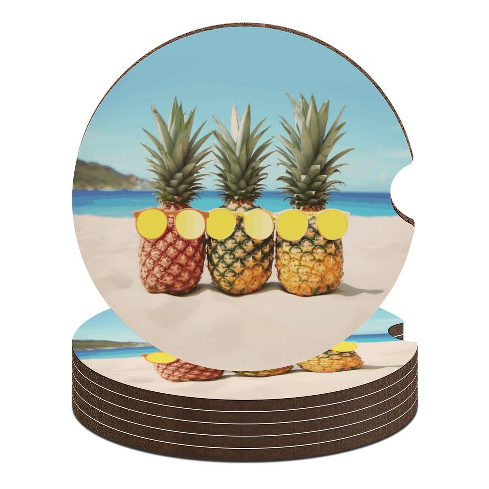Auto-Untersetzer, Motiv: Meeresstrand, gelb, geometrische Ananas, 6,6 cm, 6 Stück, rutschfest, universal, Getränkehalter, Untersetzer, Auto-Innenzubehör, Set, Unisex Auto-Untersetzer, Motiv: Meeresstrand, gelb, geometrische Ananas, 6,6 cm, 6 Stück, rutschfest, universal, Getränkehalter, Untersetzer, Auto-Innenzubehör, Set, Unisex von DWTJKMS
