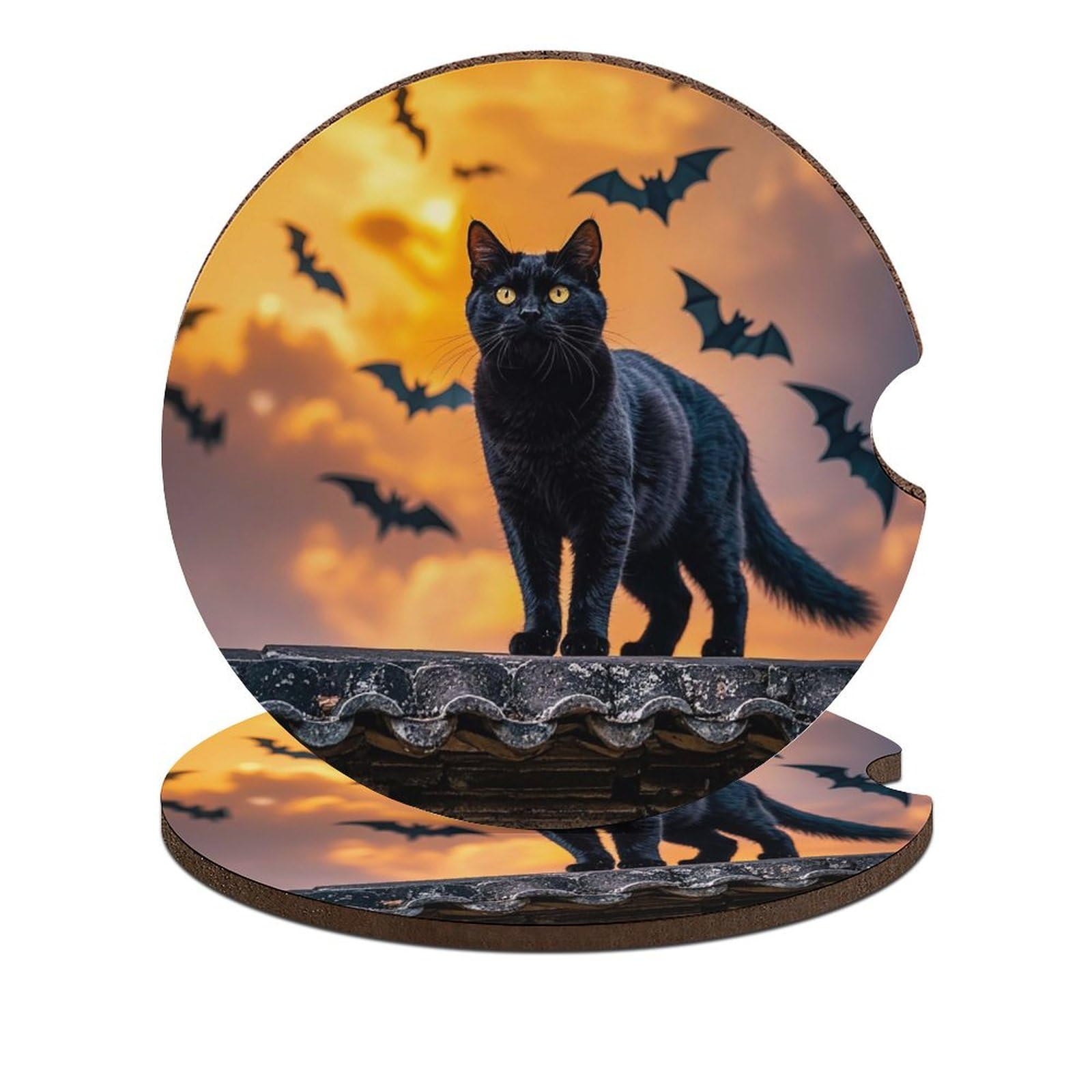 Auto-Untersetzer, Motiv: Schwarze Katze auf dem Dach, 6,6 cm, rutschfest, universal, Getränkehalter, Untersetzer, Auto-Innenzubehör, Unisex, 2 Stück Auto-Untersetzer, Motiv: Schwarze Katze auf dem Dach, 6,6 cm, rutschfest, universal, Getränkehalter, Untersetzer, Auto-Innenzubehör, Unisex, 2 Stück von DWTJKMS