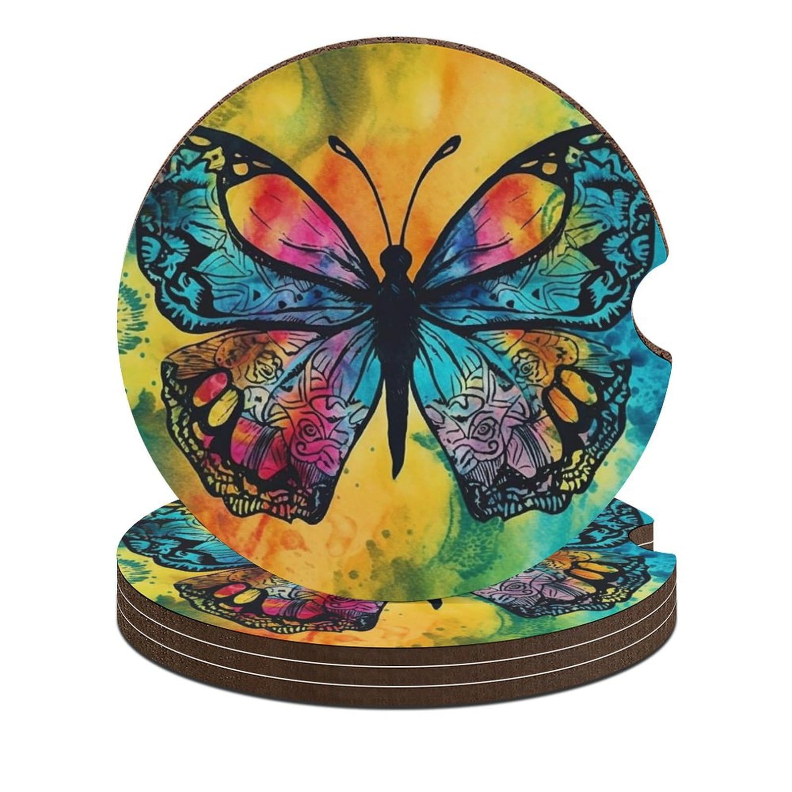 Auto-Untersetzer, Schmetterlings-Motiv, Batikfärbung, 6,6 cm, rutschfest, universal, Getränkehalter, Untersetzer, Auto-Innenzubehör, Set, Unisex, 4 Stück Auto-Untersetzer, Schmetterlings-Motiv, Batikfärbung, 6,6 cm, rutschfest, universal, Getränkehalter, Untersetzer, Auto-Innenzubehör, Set, Unisex, 4 Stück von DWTJKMS