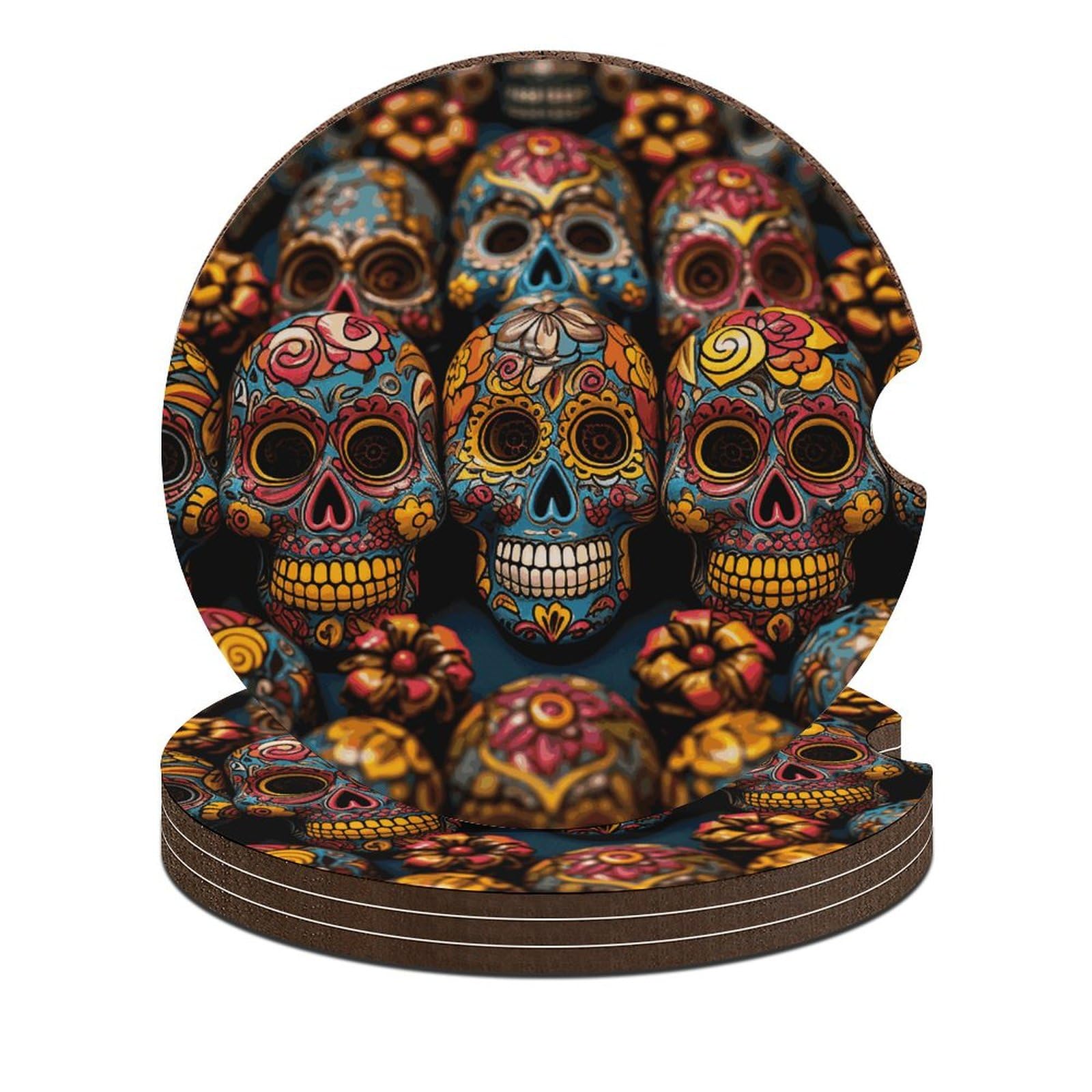 Bunte Zuckerschädel Auto-Untersetzer, 6,6 cm, 4 Stück, rutschfest, universal, Getränkehalter, Untersetzer, Auto-Innenzubehör, Set, Unisex Bunte Zuckerschädel Auto-Untersetzer, 6,6 cm, 4 Stück, rutschfest, universal, Getränkehalter, Untersetzer, Auto-Innenzubehör, Set, Unisex von DWTJKMS