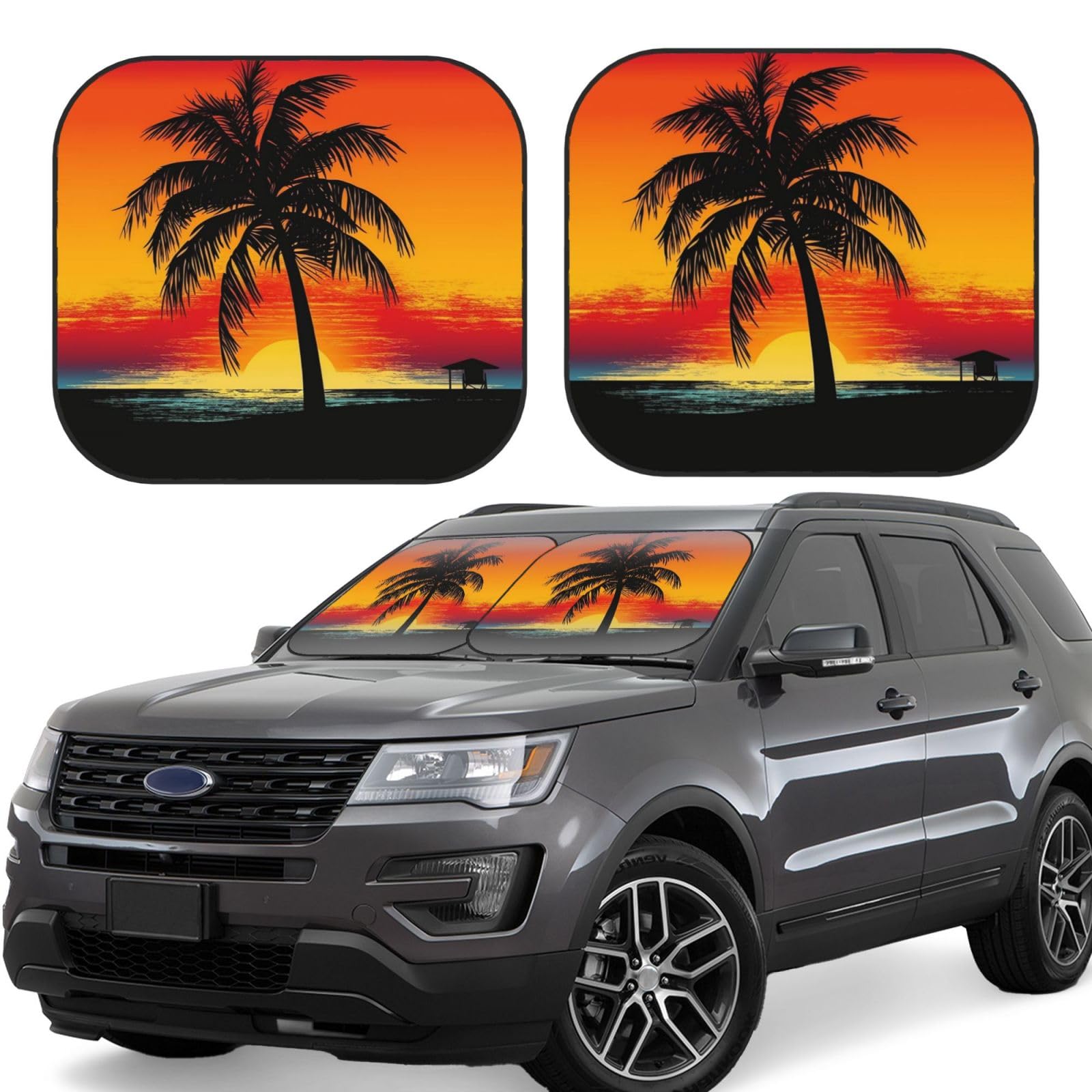 2 x Sonnenschutz für die Windschutzscheibe, faltbar, Sonnenuntergang, Palme, Auto, Frontscheibe, Sonnenblende, universal, passend für die meisten Auto-Limousinen, LKWs, SUV, große Sonnenblenden 2 x Sonnenschutz für die Windschutzscheibe, faltbar, Sonnenuntergang, Palme, Auto, Frontscheibe, Sonnenblende, universal, passend für die meisten Auto-Limousinen, LKWs, SUV, große Sonnenblenden von DWVTFSM
