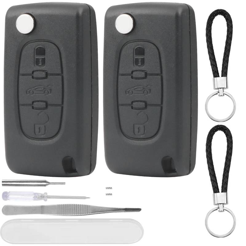 DXiongW 2 Stück Auto Schlüsselgehäuse 3 Tasten CE0523 HU83 Kompatibel mit Peugeot 207 307 308 407 408 607 und Citroen C3 C2 C4 C5 C6 C8 Xsara Fernbedienung Klappschlüssel Gehäuse mit Batterie Schlitz von DXiongW
