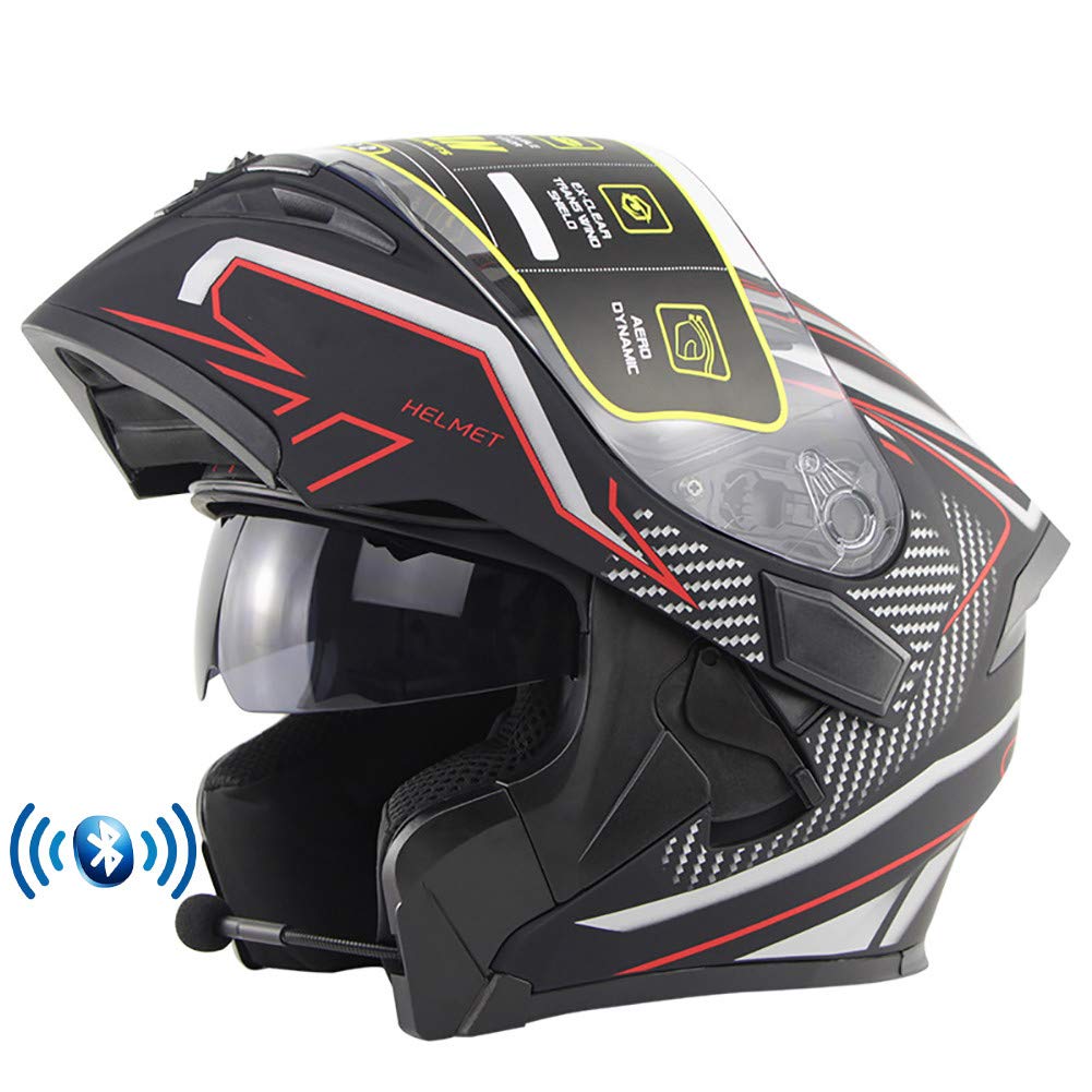 Motorrad Integrierter Bluetooth-Helm, Sturzhelm Anti-Fog-Doppelspiegel, Klapphelm Geschlossenen ECE-geprüft, Integralhelm Funk Sprechanlage Hartes für Damen Herren 55-64CM von DYOYO