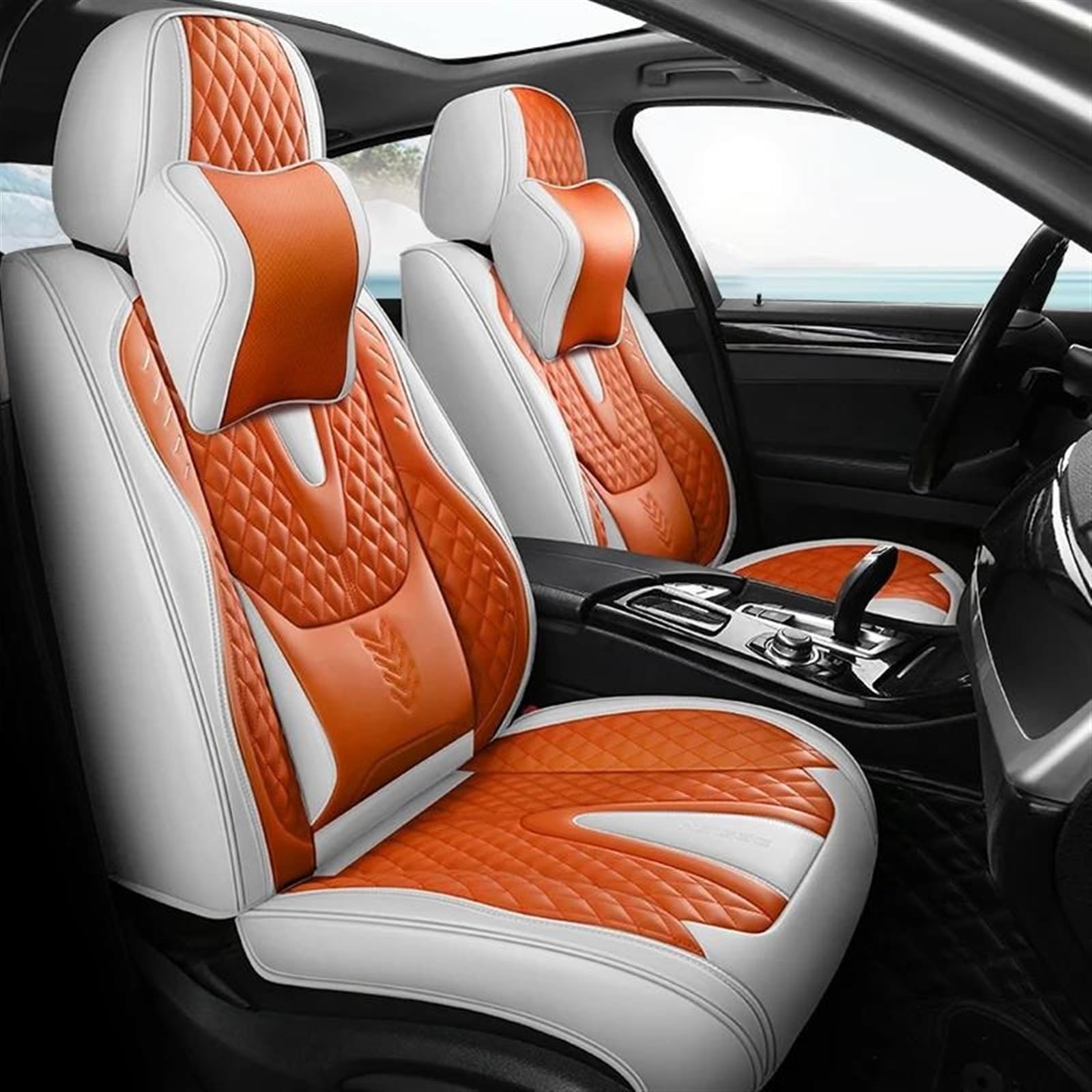 DZSQOSJB SitzbezüGe Auto Universelle Autositzbezüge Vollständig Abgedeckt Langlebiges Leder Für Limousine SUV 8-Farben-Set Abdeckung Vordersitze(White orange A) von DZSQOSJB