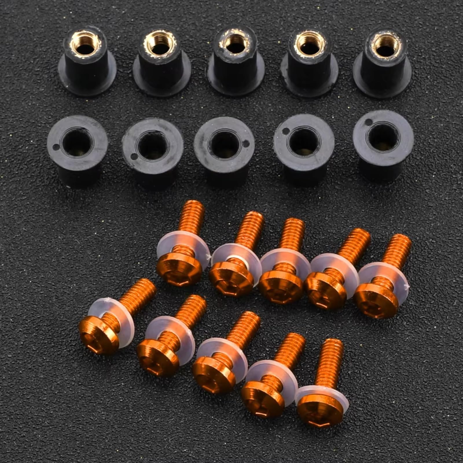 DZWDY Motorrad Schraube Kompatibel Mit Für Ninja Für GPZ900R Für Z900 Für ZX-10RR Für ZX-12R 5 Mm 10-teiliges Motorrad-Windschutzscheibenschrauben-Schraubenmutter-Befestigungssatz(Orange) von DZWDY