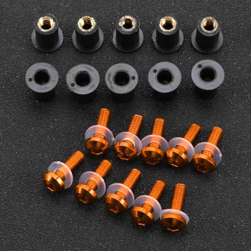 DZWDY Motorrad Schraube Kompatibel Mit Für Ninja Für GPZ900R Für Z900 Für ZX-10RR Für ZX-12R 5 Mm 10-teiliges Motorrad-Windschutzscheibenschrauben-Schraubenmutter-Befestigungssatz(Orange) von DZWDY