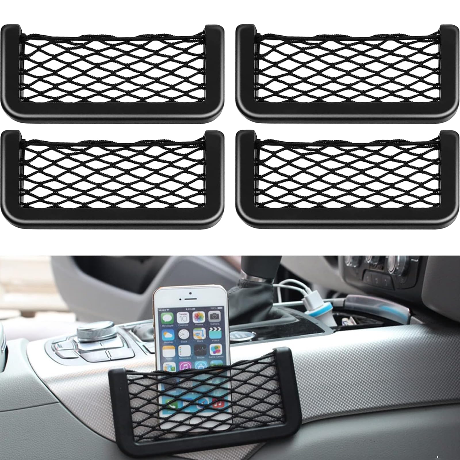 Auto Netztasche 4 Stück Kofferraum Auto Aufbewahrungsnetz für Elastische Netztaschen Multifunktionales Universelles Netztasche Selbstklebend Autositz Aufbewahrungsnetz(20 * 8cm) von DabbOo