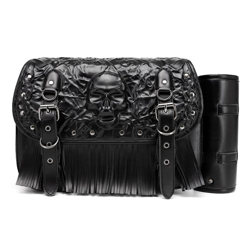Dajingkj Motorrad Satteltasche Universal Lenkertasche Roll Satteltaschen mit Schloss PU Leder 3D-Totenkopf-Prägemuster Wasserdicht Stilvolle Vintage Motorrad Lenker Werkzeugtasche von Dajingkj