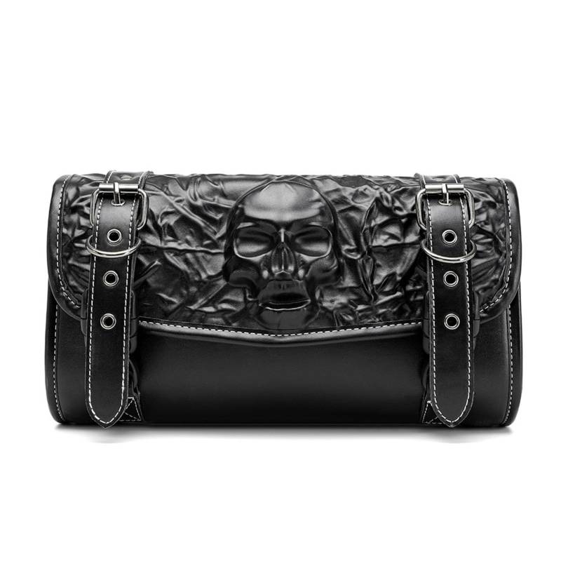 Dajingkj Motorrad Satteltasche Universal Lenkertasche Roll Satteltaschen mit Schloss PU Leder 3D-Totenkopf Wasserdicht Stilvolle Vintage Motorrad Lenker Werkzeugtasche von Dajingkj