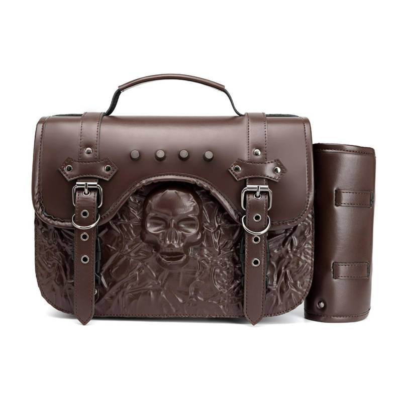 Dajingkj Motorrad Satteltasche Universal Lenkertasche Roll Satteltaschen mit Schloss PU Leder 3D-Totenkopf Wasserdicht Stilvolle Vintage Motorrad Lenker Werkzeugtasche von Dajingkj