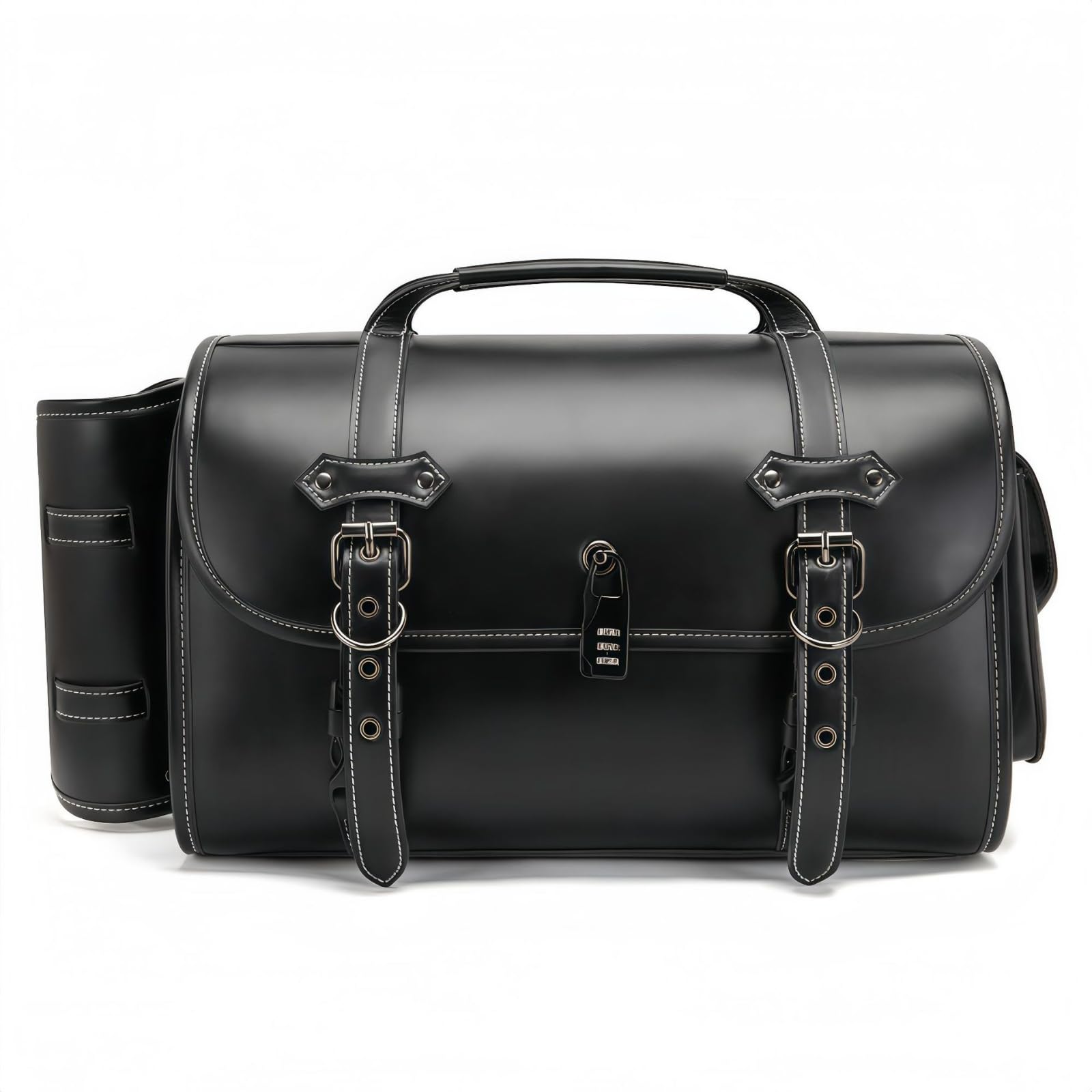 Dajingkj Motorrad Satteltasche Universal Lenkertasche Roll Satteltaschen mit Schloss für Motorräder PU Leder Wasserdicht stilvolle Vintage Motorrad Lenker Werkzeugtasche (Mit Becherhalter-Design) von Dajingkj