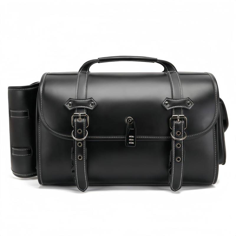 Dajingkj Motorrad Satteltasche Universal Lenkertasche Roll Satteltaschen mit Schloss für Motorräder PU Leder Wasserdicht stilvolle Vintage Motorrad Lenker Werkzeugtasche (Mit Becherhalter-Design) von Dajingkj