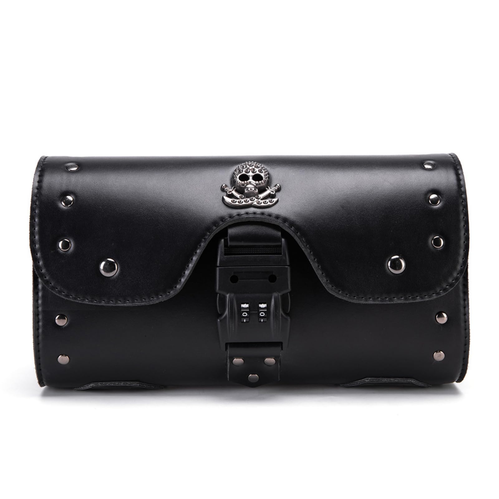 Dajingkj Motorrad Satteltasche Universal Lenkertasche Roll Satteltaschen mit Schloss für Motorräder PU Leder Wasserdicht stilvolle Vintage Motorrad Lenker Werkzeugtasche (Totenkopf Abzeichen) von Dajingkj
