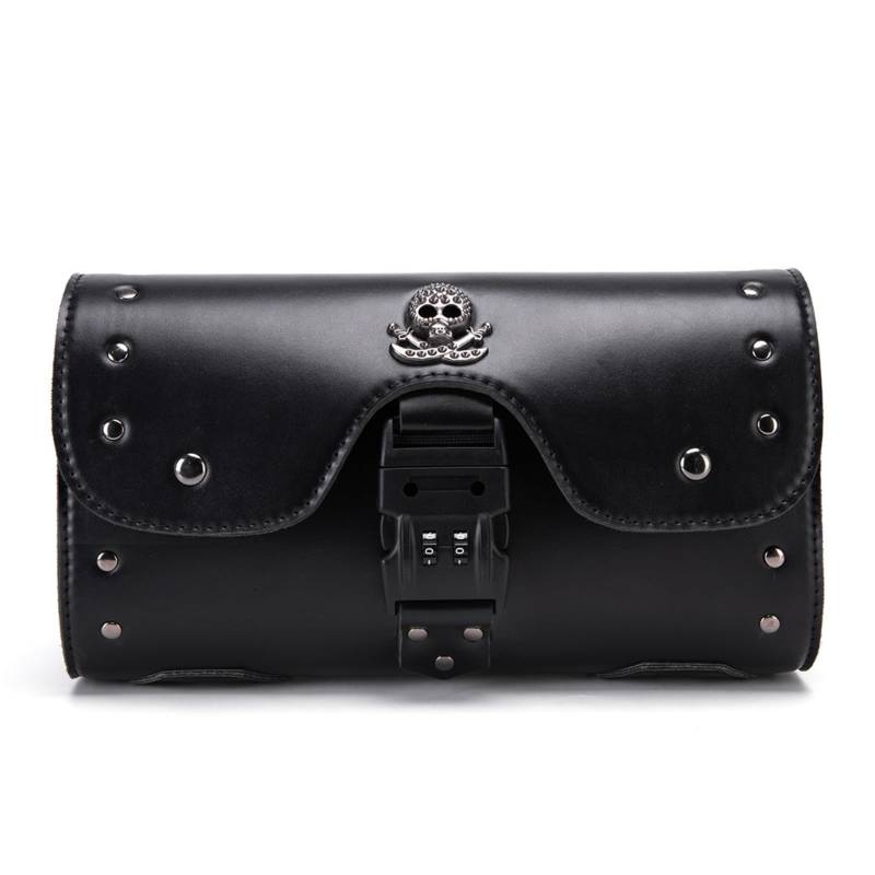 Dajingkj Motorrad Satteltasche Universal Lenkertasche Roll Satteltaschen mit Schloss für Motorräder PU Leder Wasserdicht stilvolle Vintage Motorrad Lenker Werkzeugtasche (Totenkopf Abzeichen) von Dajingkj