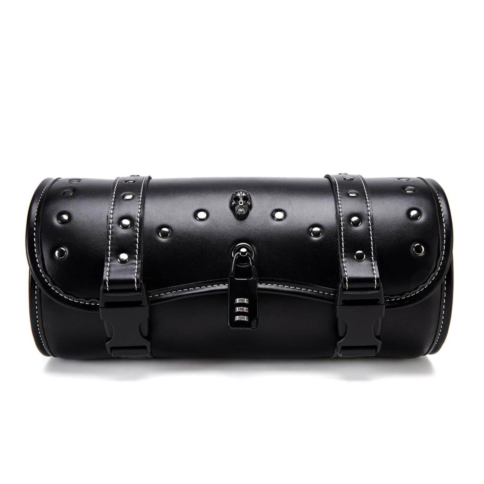 Dajingkj Motorrad Satteltasche Universal Lenkertasche Roll Satteltaschen mit Schloss für Motorräder PU Leder Wasserdicht stilvolle Vintage Motorrad Lenker Werkzeugtasche (Totenkopfnieten-Design) von Dajingkj