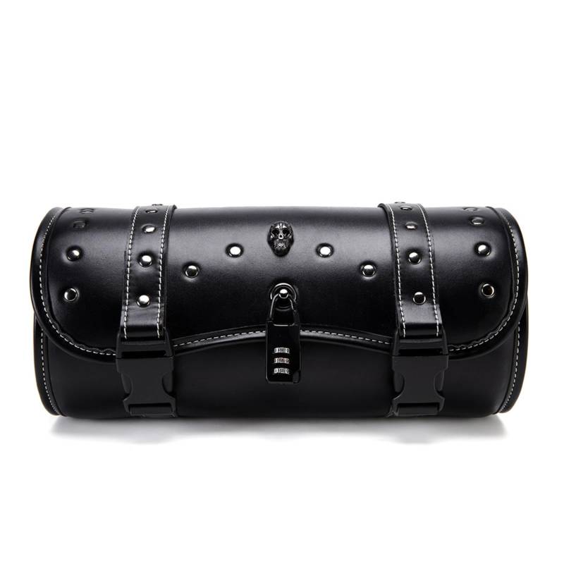 Dajingkj Motorrad Satteltasche Universal Lenkertasche Roll Satteltaschen mit Schloss für Motorräder PU Leder Wasserdicht stilvolle Vintage Motorrad Lenker Werkzeugtasche (Totenkopfnieten-Design) von Dajingkj