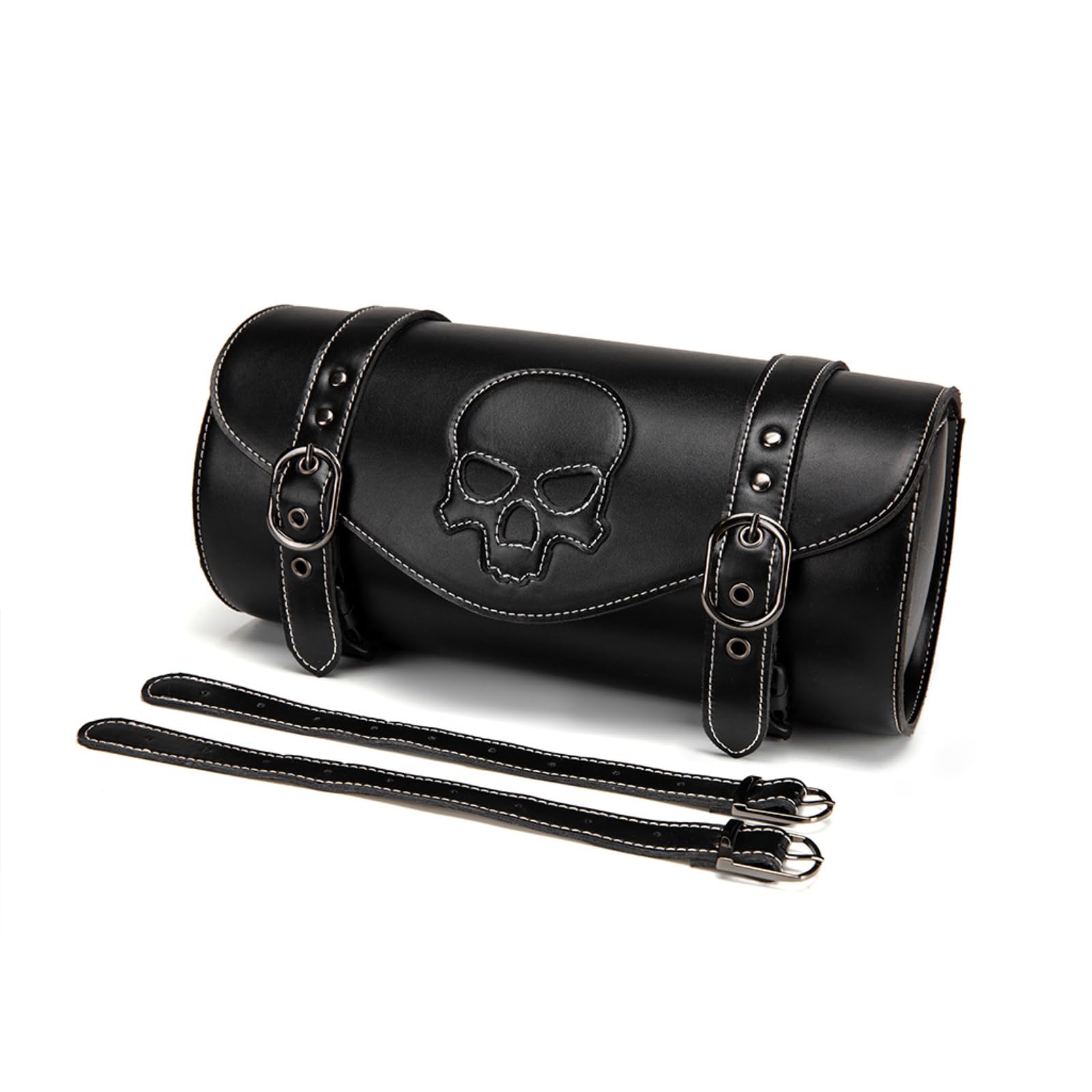 Dajingkj Motorrad Satteltaschen PU Leder Universal Motorrad Werkzeugtasche Taschen mit Totenkopf Vintage Punk Werkzeugrolle Wasserdicht Gepäcktasche für Motorräder (Schwarzes Totenkopfabzeichen) von Dajingkj
