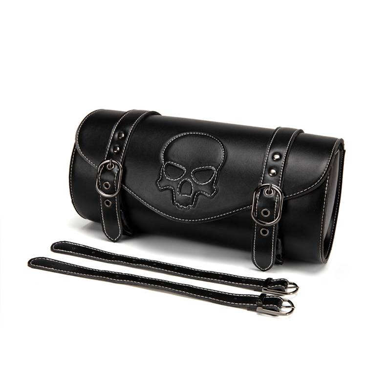 Dajingkj Motorrad Satteltaschen PU Leder Universal Motorrad Werkzeugtasche Taschen mit Totenkopf Vintage Punk Werkzeugrolle Wasserdicht Gepäcktasche für Motorräder (Schwarzes Totenkopfabzeichen) von Dajingkj